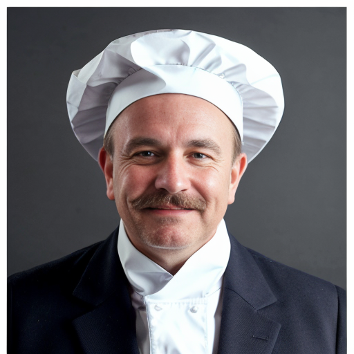 Na slici je portret muškarca u kuharskoj odori. Nosi visoku bijelu kuharsku kapu i bijelu uniformu, a oko vrata ima tamnu maramu. Ima gustu, sijedu bradu i brkove te blago nasmiješen, smiren izraz lica.

Slika je naslikana u impresionističkom stilu – potezi kista su vidljivi, a boje su mekane i svijetle, s prevladavajućim plavim i bijelim tonovima. Pozadina je jednostavna, svijetloplava, bez detalja, što dodatno ističe lik kuhara. Ukupan dojam je topao i živ, s naglaskom na karakter i izraz lica portretirane osobe.