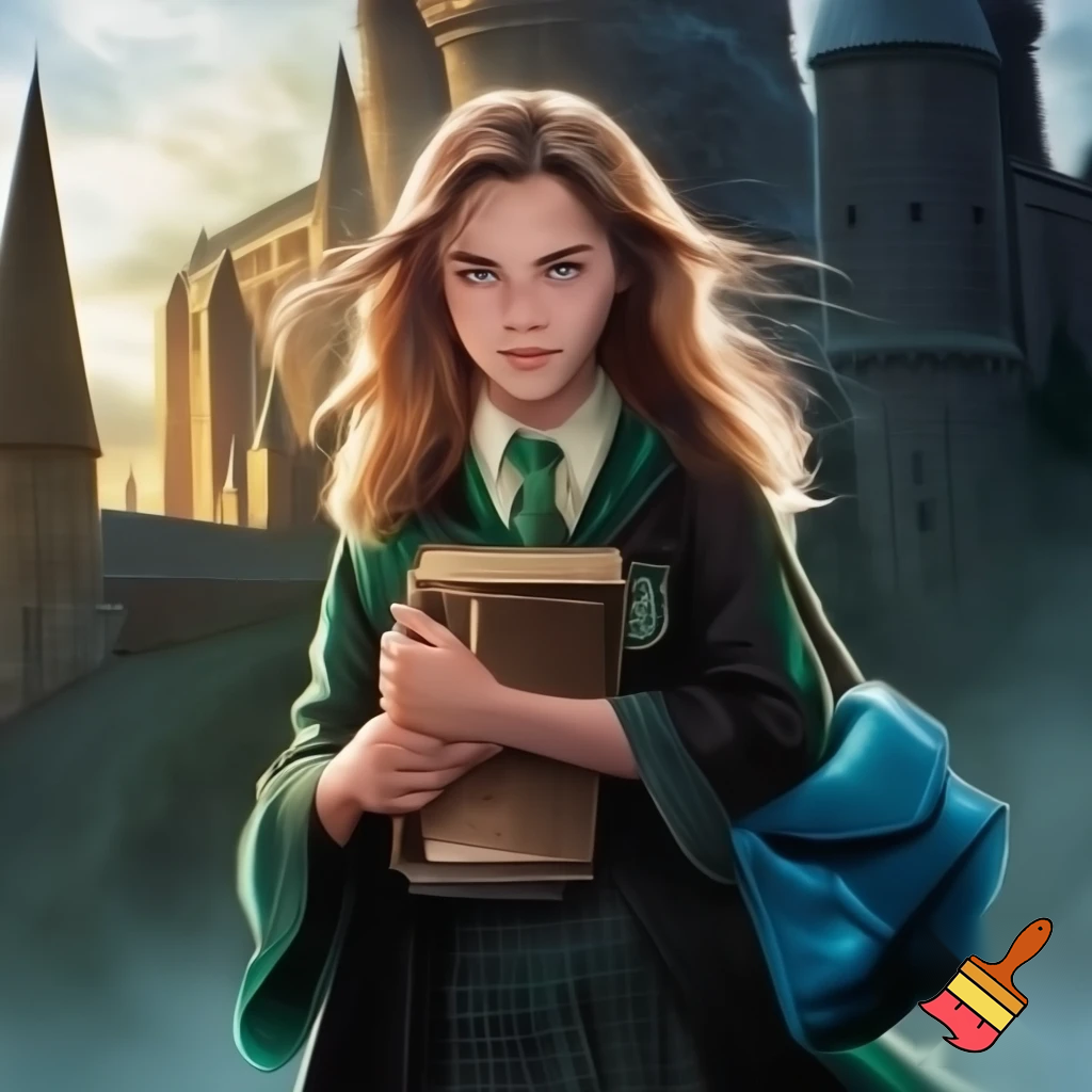 Make me a picture of a young 14 year old girl with straight brownish-blonde hair and pale skin and glasz colored eyes. She is wearing Slytherin robes and standing in front of Hogwarts holding her books and she has a small blue side bag