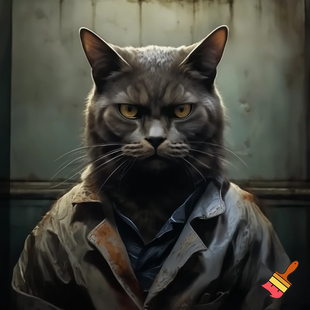 evil, sinister, strong, cat in a police mugshot staring with dim lights jail suit