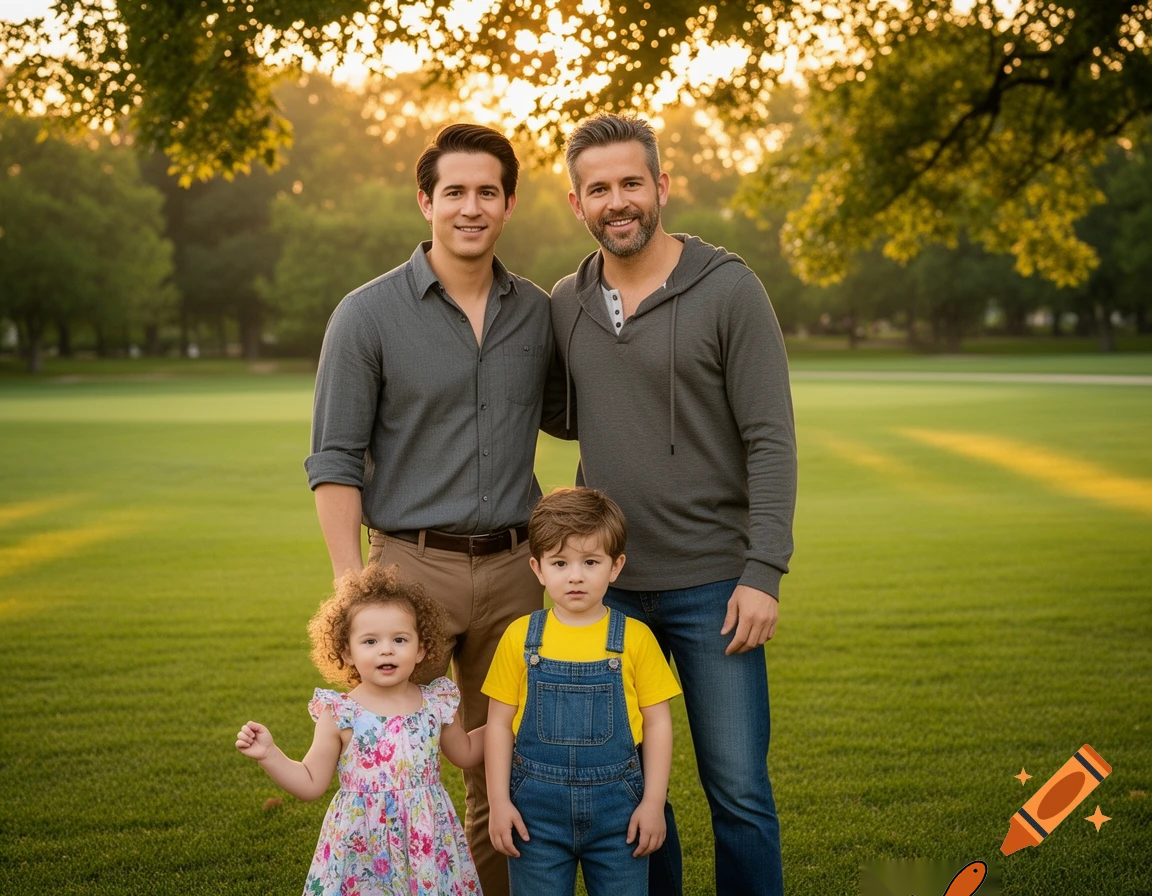 generate me a picture of 3 kids with their 2 dads, make the kids 2 and 3, make one a girl and one a boy, and make the 3rd a 14-year-old boy, make the 1st dad a dark brown hair and white man and make the other one Ryan Reynolds.