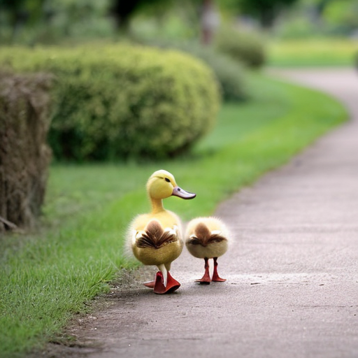 Green duckling, pink duckling are following and walking with mother duck.