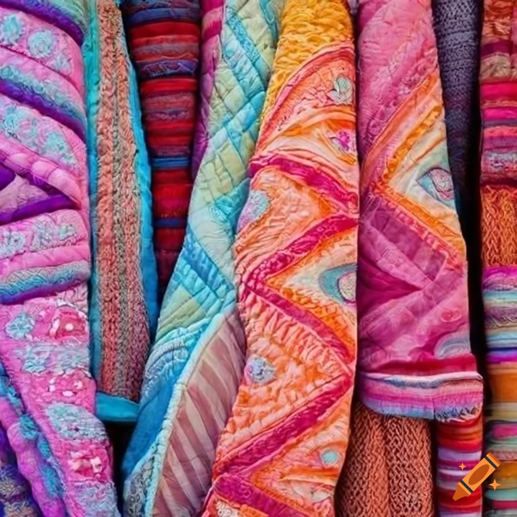 a pile of hand made quilted indian blankets in pastel colours in a market stall detail
