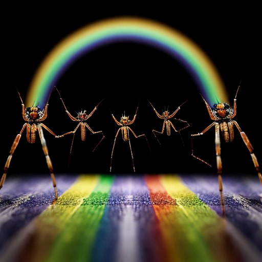 a group of humanoid spiders jumping over a rainbow
