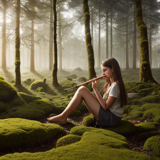 “Teen girl discovering a sacred wooden flute on a mossy stone in a sunlit forest, semi-realistic, vibrant greens.”