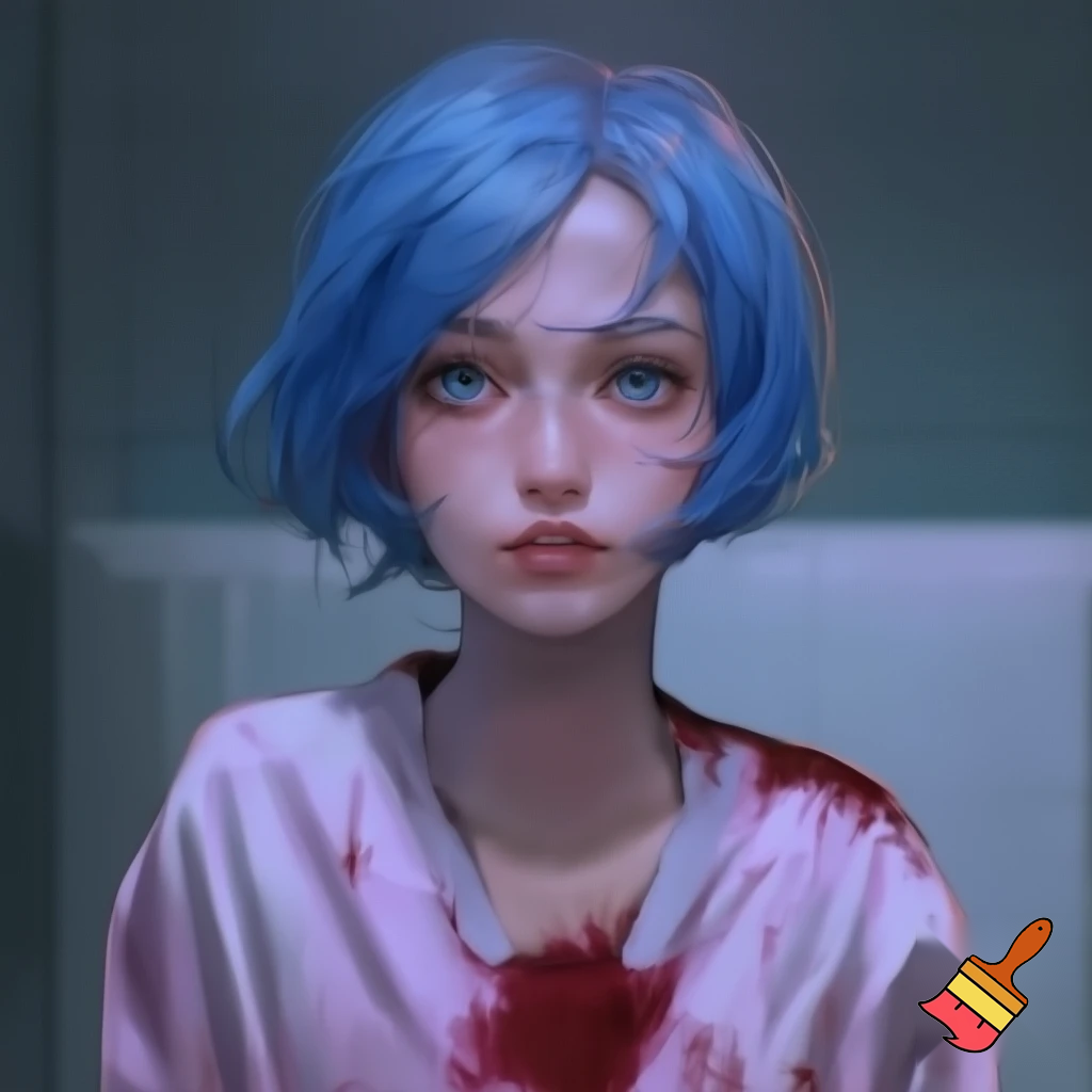 An innocent busty anime woman with short blue hair and blue eyes wearing a bloody hospital gown