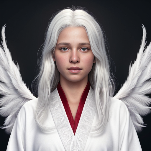 beautiful pale-skinned white-haired angel in white robes with white feathery wings