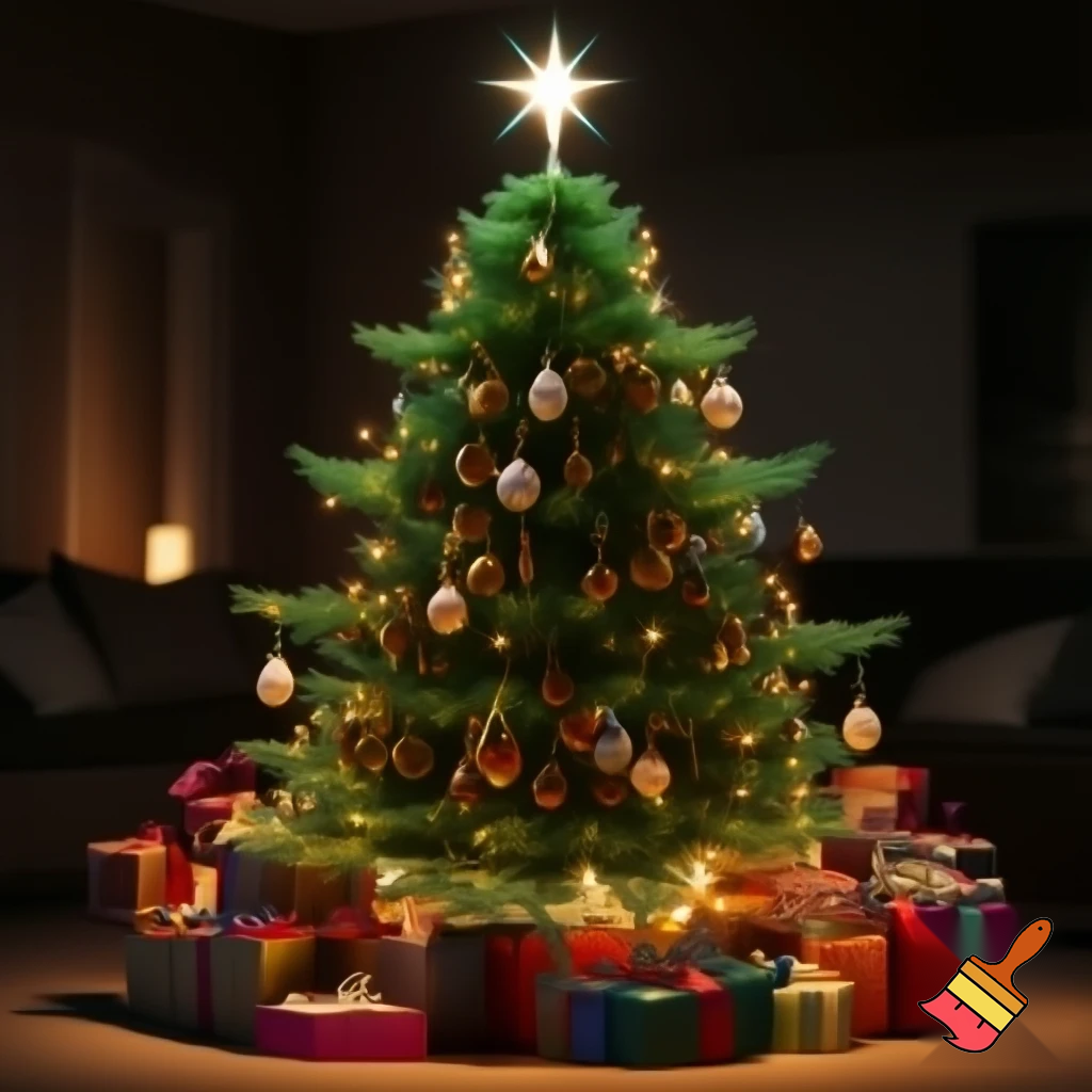 Christmas tree with  a star and present all around