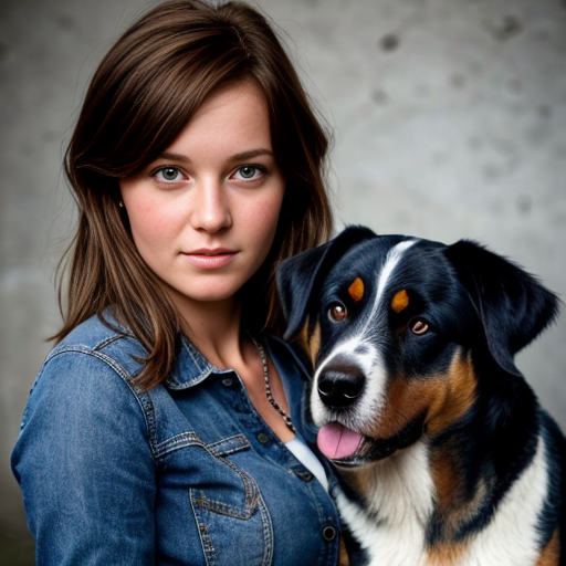 una ragazza con i capelli mossi e marroni e gli occhi azzurri vicino a un cane bovaro del bernese. vestiti techno .sopra la foto scrivi giulia e rock