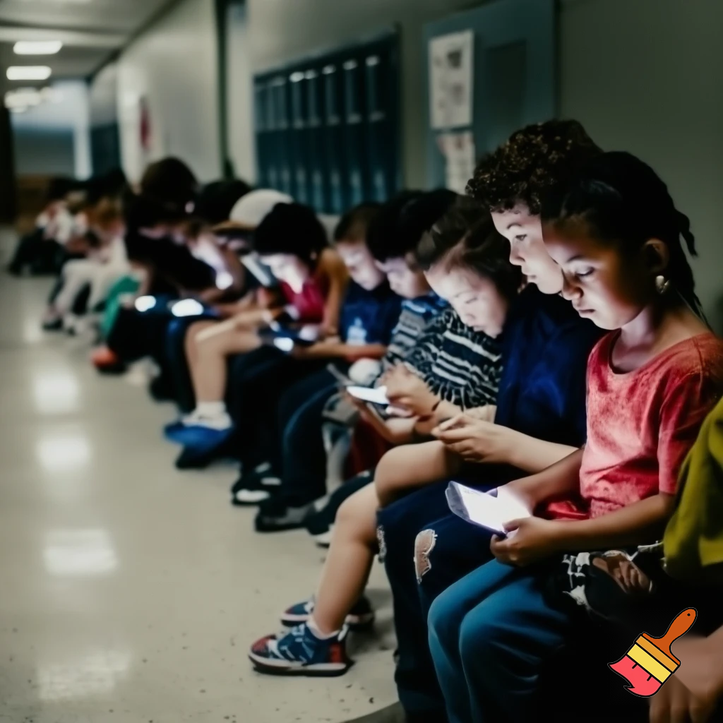 Many kids (teenagers and toddlers) looking at their phones at school
