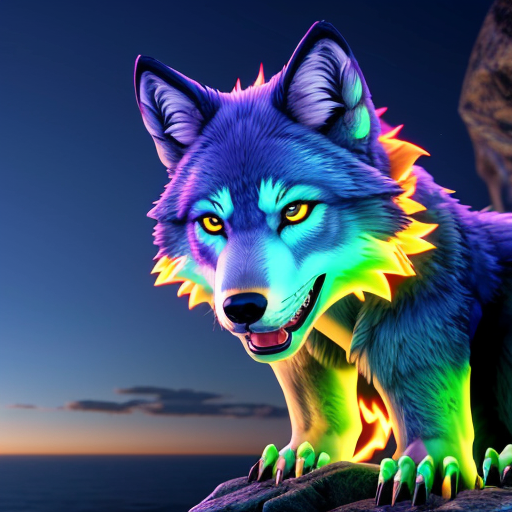 create an image of a blue wolf with glowing fur, glowing red eyes ,gleaming fangs and a crocidile face . It is on a rocky cliff
