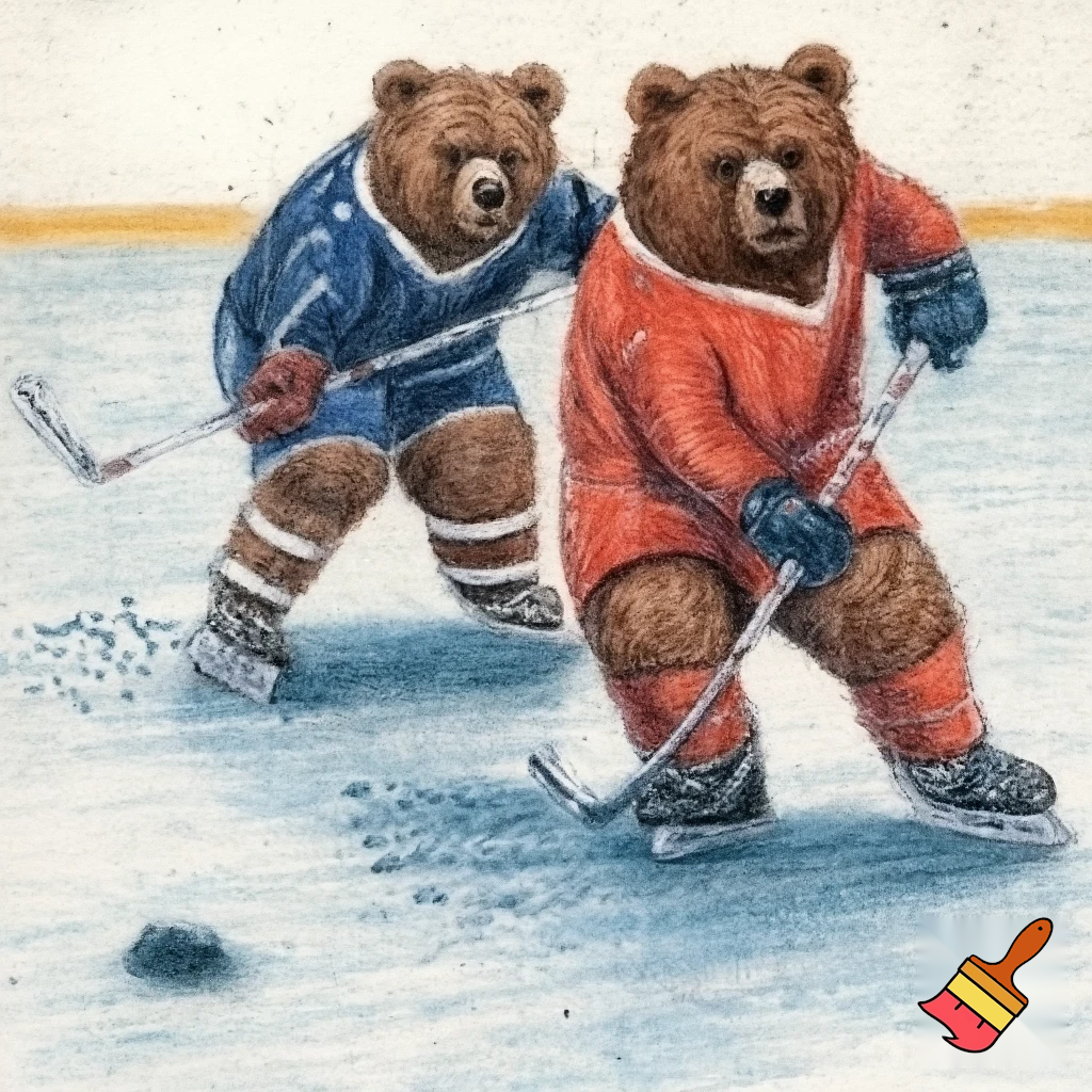 brown bears hockey players crayon drawing style with hockey uniform
