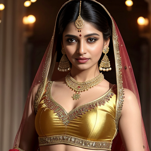 young woman, Bollywood retro style, wearing an elaborate traditional Indian dance costume. She has a highly embellished, fitted choli (blouse) that is cropped, revealing her midriff. The choli is a rich, warm golden-orange color, heavily adorned with intricate sequin work, beadwork, and embroidery, specifically featuring small, sparkling gold sequins creating a textured, shimmering effect across the entire surface. The sleeves are short, extending to just above the elbow, and are also fully embellished.
​She is wearing a matching, equally ornate lehenga (skirt), though only the top portion is visible. It has a visible gold border or waistband and appears to be made of a similar rich fabric with gold embellishments.
​Her head is covered with a dupatta/veil that is intricately draped and pinned, likely in a matching or complementary color, perhaps orange or red, with gold accents.
​She wears a distinctive and elaborate headpiece (maang tikka and matha patti) consisting of multiple strands of pearls or beads that frame her face and forehead, culminating in a central pendant. She has large, multi-layered gold necklaces and prominent earrings, typical of classical Indian jewelry. Her arms are adorned with gold bangles and possibly an armlet. The overall aesthetic is opulent, glittering, and designed for dynamic movement, reminiscent of classic Bollywood dance sequences from the 1980s