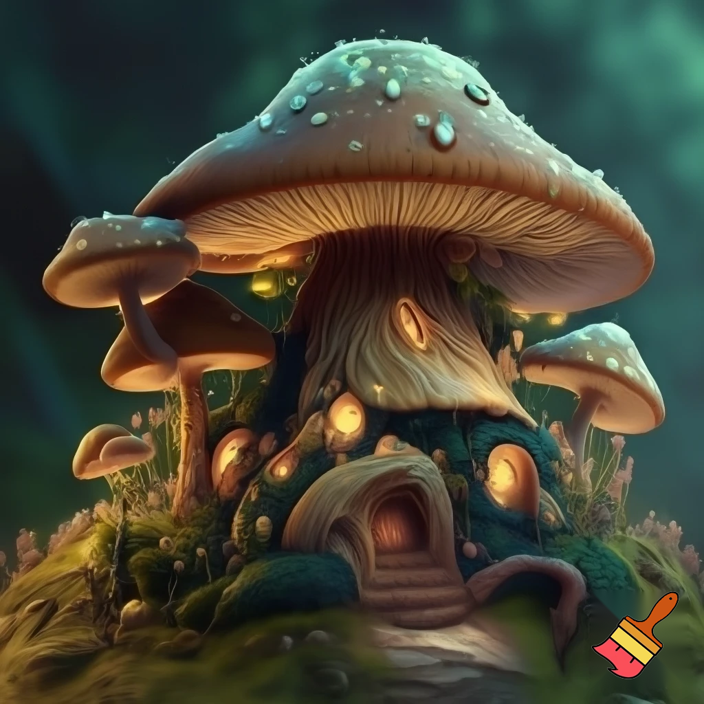 A picture of a house made out of mushrooms 
