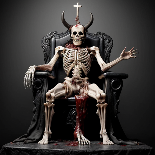 A 9:16 aspect ratio pic of Photorealistic massive 30-foot-tall demonic entity seated on a blood-soaked gothic throne, colossal elongated humanoid skeleton fused with obsidian plates and rotting flesh, tall bishop-mitre crown of jagged horns and inverted crosses fused to elongated skull, glowing crimson eyes with no pupils, wide lipless maw full of jagged fangs, raised right arm with 4-foot-long multi-jointed fingers ending in razor obsidian talons dripping blood, left arm resting on throne, ribcage visible through translucent necrotic skin, chains and barbed wire piercing chest and shoulders, black ichor and blood oozing from wounds, tattered blood-soaked robes merging into throne, hyper-detailed textures of bone, rotting muscle, glossy obsidian, and glistening blood, photorealistic, raw horror photography, 8k, cinematic lighting, extreme gore, uncensored