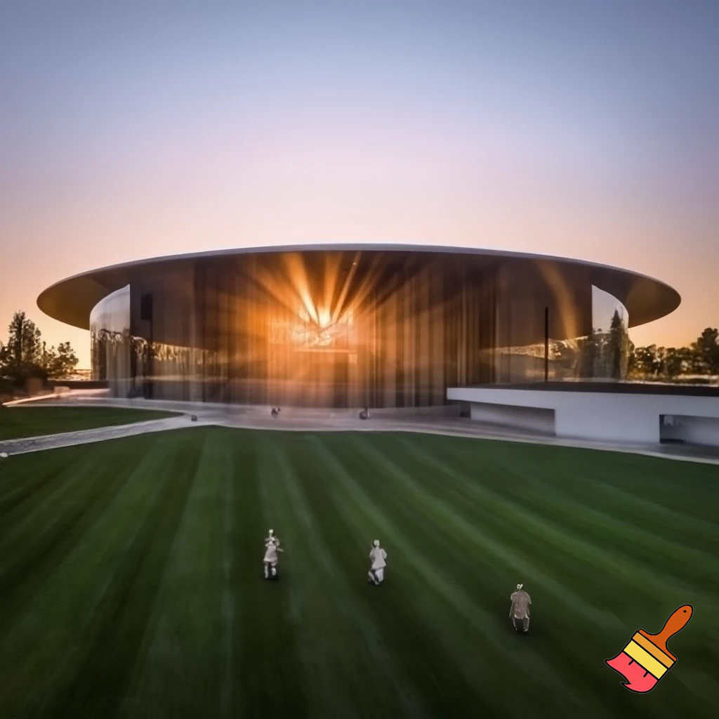 Wide cinematic shot of Apple Park in Cupertino at sunrise — the massive circular glass structure glows in golden light, surrounded by manicured green lawns. A drone view captures employees walking with sleek laptops, wearing minimalistic formal outfits in neutral tones. The atmosphere is calm yet charged with purpose, evoking the quiet intensity of a trillion-dollar empire at work.