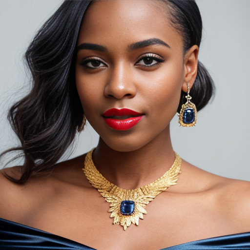 Generate an art-portrait of a young and beauty Black woman. She wears a blue satin off-the-shoulder top, red lipstick. With jewellery: big golden necklace and great earrings with sapphires. The image has a background with gold flakes and gold leaf. 