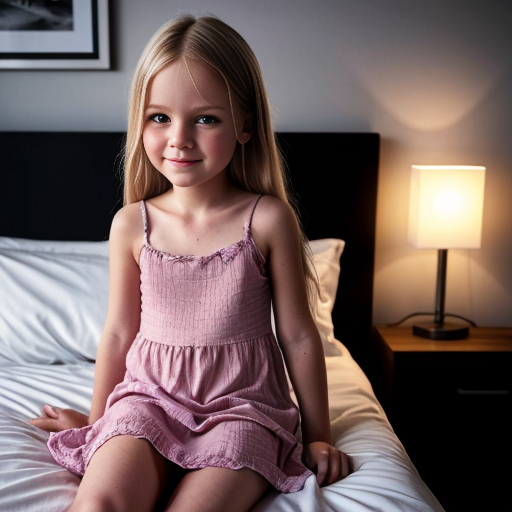 swedish little girl, long blonde hair, night dress, on the bedroom