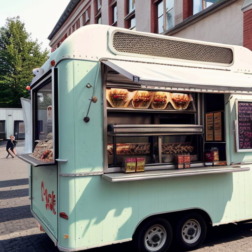 Geöffneter Foodtruck der Süßigkeiten verkauft vor einer Schule mit Kindern und großer Aufschrift AvW SchulShop 