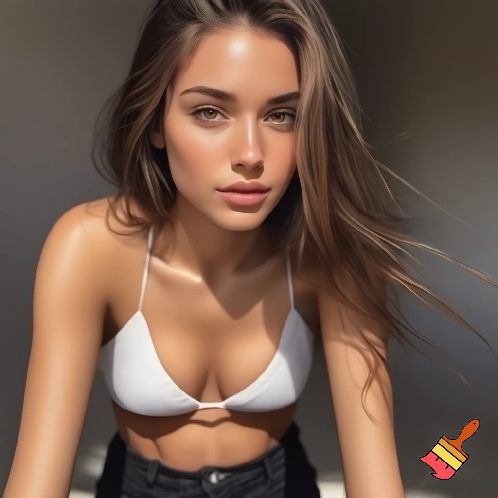 Photorealistic portrait of a woman, approximately 22 years old, with long legs and athletic figure. She has long, naturally flowing darke blonde hair, oval face, almond-shaped haselnut brown eyes, average eye spacing, slim straight nose, naturally full lips, soft facial features, harmonious proportion, big boobies and delicate, harmonious facial features. Her overall presence is confident, natural, and modern.  Natural daylight. white bikini, black jeans.