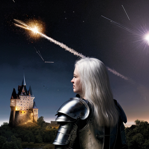 young white-haired woman in armor watches as meteorites fall on her castle