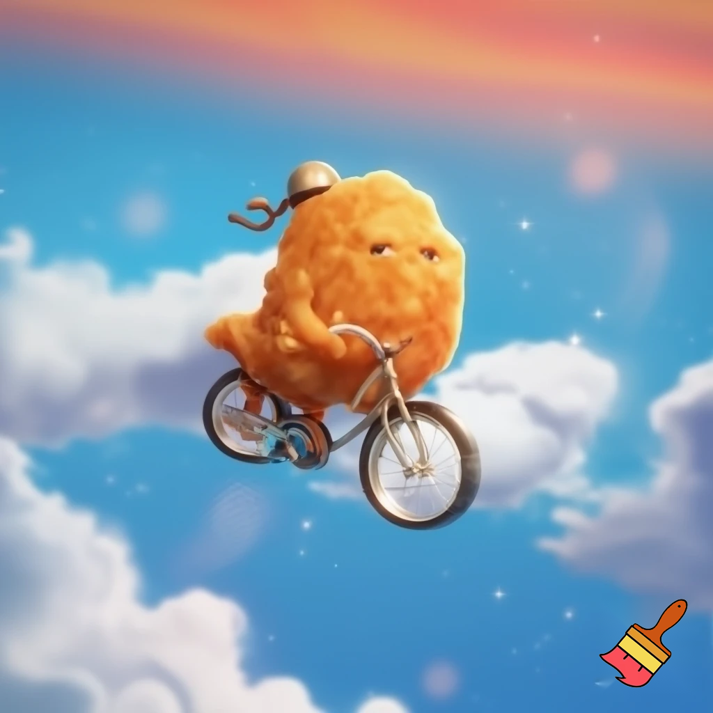 chicken nugget riding a bike in the sjy