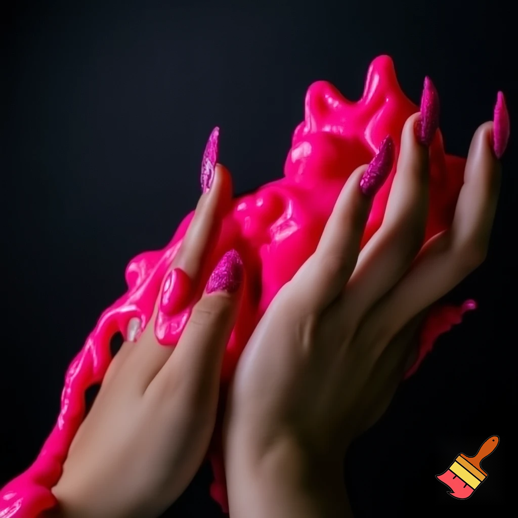 crate a picture of hands with hot pink glitter French tip nails playing with lots of fluffy pink slime. Make it look very baddie with dark backround
