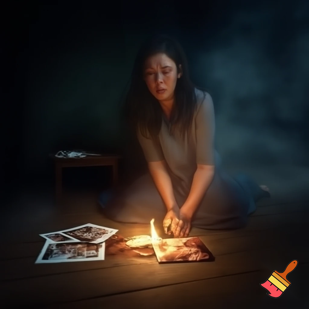 A cinematic, ultra-realistic scene of a woman lighting a candle in front of a partially burned but clearly visible family photograph. The candlelight creates a focused warm spotlight that illuminates the faces in the photo, revealing them clearly despite the burn marks. A single tear rolls down her cheek, reflecting the candlelight softly. Her expression shows deep sorrow and longing. The surrounding room is dark, with faint smoke and shadows fading into the background. She sits on an old wooden floor beside a small table covered with ashes and fragments of the burned photo. Behind her, a cracked, smoky wall adds texture and atmosphere. Shot with shallow depth of field, cinematic lighting, dramatic contrast, ultra-realistic textures, film still, 8k resolution.