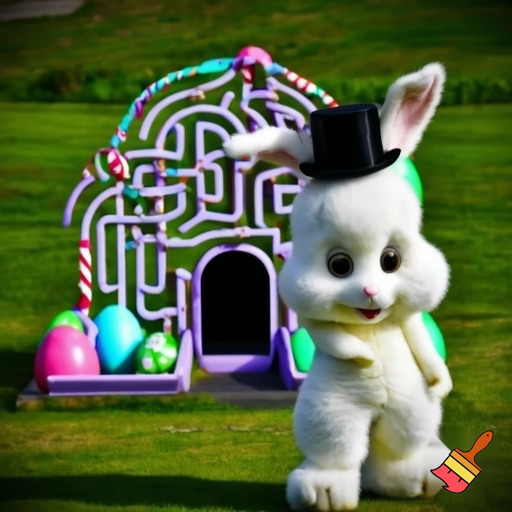Easter bunny mascot with the top hat costume Easter bunnies maze house