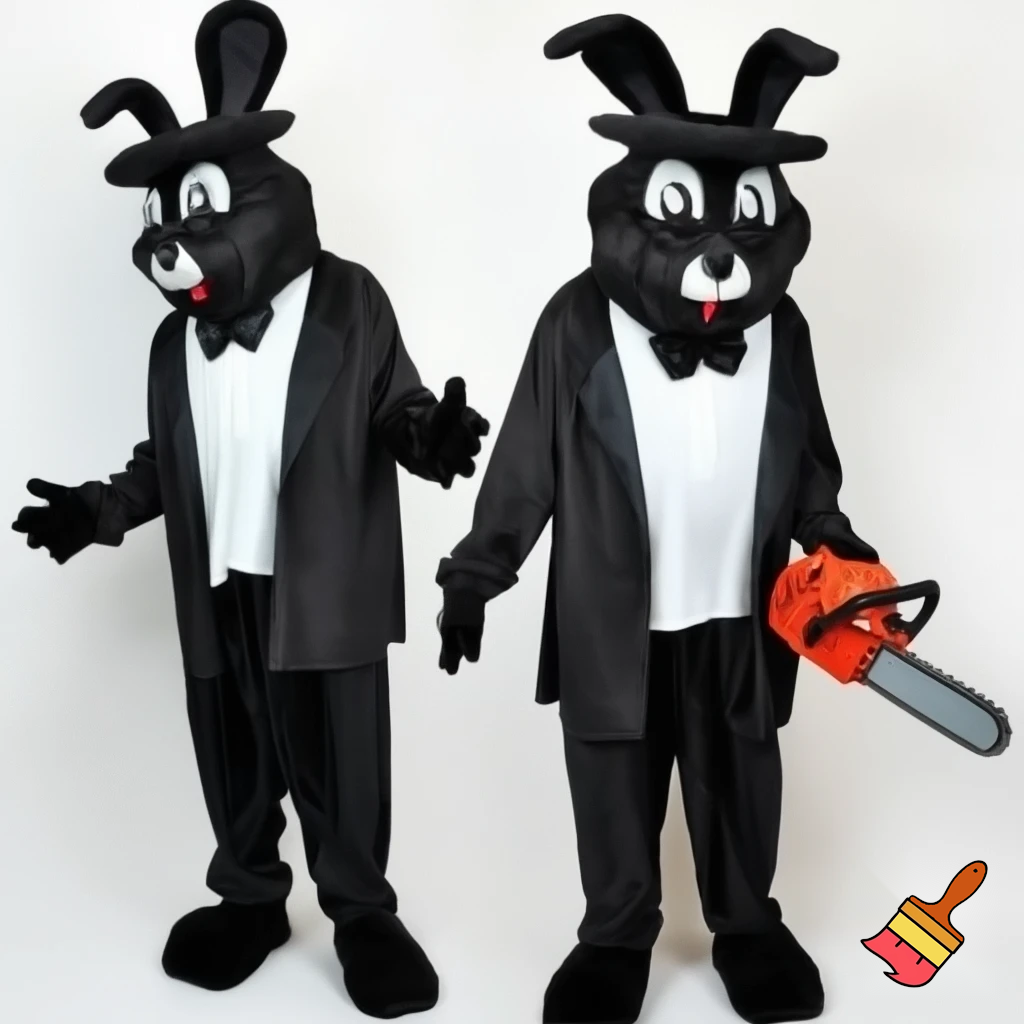 Easter bunny mascot top hat costume with a chainsaw mascot