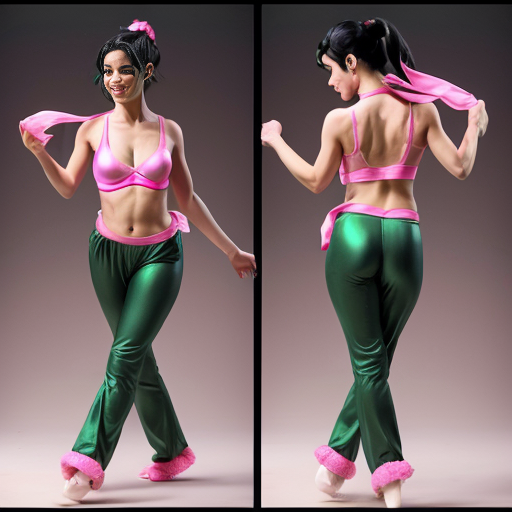 90's disney's 2d aladdin style comic black background and panels of 
panel 1 a black haired ponytail curvy figure woman with green skin,green harem pants pink bra and pink sash and pink curved slippers with both hand palms place together and hiding the bottom of her mouth with a green veil wrapped around her arms. 
panel 2 she danced with green skin,green harem pants pink bra and pink sash and pink curved slippers and green veil covering her shoulders and arms and raising legs and bounced up and down her belly. 
Panel 3  and which causes an electric discharge to form which transforms her green striped veil from shoulders and arms of the black haired ponytail woman with green skin,green harem pants pink bra and pink sash and pink curved slippers into a bolt of lightning. 
Panel 4 which the black haired ponytail woman with green skin,green harem pants pink bra and pink sash and pink curved slippers grabs the lightning bolt from her shoulders and arms with one hand. 
panel 5 then the black haired ponytail woman with green skin,green harem pants pink bra and pink sash and pink curved slippers rubs the lightning bolt on her butt with the lightning bolt against her butt and shook her hips left and right. 
panel 6 then as the black haired ponytail woman with green skin,green harem pants pink bra and pink sash and pink curved slippers still shook her butt left and right she turns and her butt is now facing the viewer while rubbing the lighting bolt with her. 
