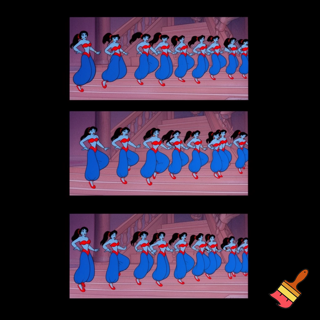 90's disney's 2d aladdin style comic black background and panels of  panel 1 a line black haired ponytail women with blue skin,blue harem pants red bra and red sash red curved slippers are marching down the stairs. 
Panel 2 then the line of black haired ponytail  women with blue skin,blue harem pants red bra and red sash and red curved slippers shake their hips left and right on the stairs in sync. 
Panel 3 then the line of black haired ponytail  women with blue skin,blue harem pants red bra and red sash and red slippers returns to marching down the stairs.