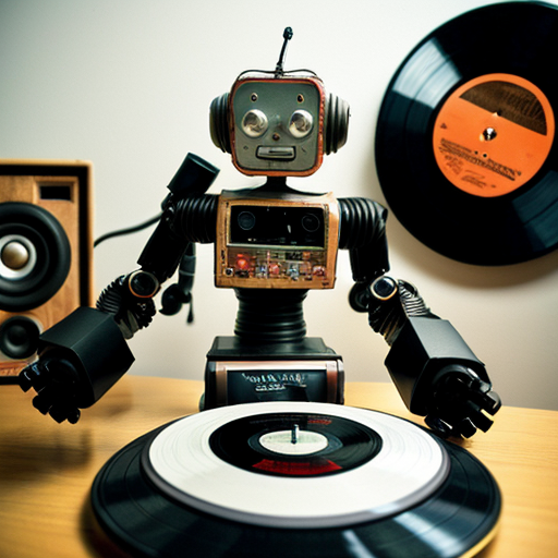 Rétro robot with a vhs tape as a head, a speaker for a body and a vinyl for a wheel
