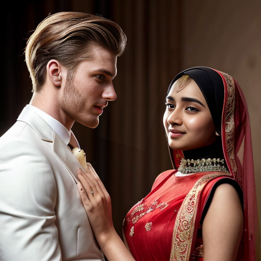 A russian handsome boy with pale skin blonde hair and blue eyes, wearing a suit,tall 188 cm staning with a Bangladeshi girl with warm skin dark eyes, wearing a red wedding full cover lehenga with hijab, 168 cm tall,  wefding scene