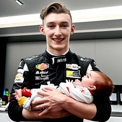 make an image of max verstappne hold a big johnsons baby oil next to charles lecrlec