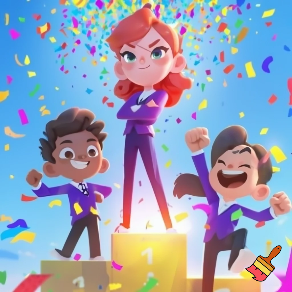 "A podium with three winners celebrating. The first-place winner is a red-haired girl with crossed arms, wearing a purple blazer and a white shirt, inspired by Marcella from the Spirit cartoon. She stands confidently on the top step. The second and third place winners are on either side, slightly lower on the podium. The scene is bright and cheerful, with a clear blue sky, confetti falling, and a lively, animated style reminiscent of cartoon illustrations. Focus on dynamic expressions and vivid colors."
