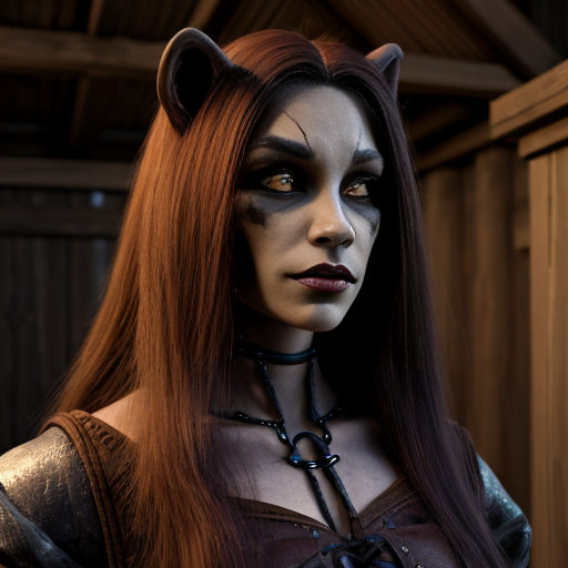 Anthropomorphic humanoid female black werewolf with long pretty hair and purple eyes, wearing brown medieval clothes 