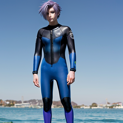 anime teen boy with purple hair wearing blue full body wetsuit layered with denim jacket