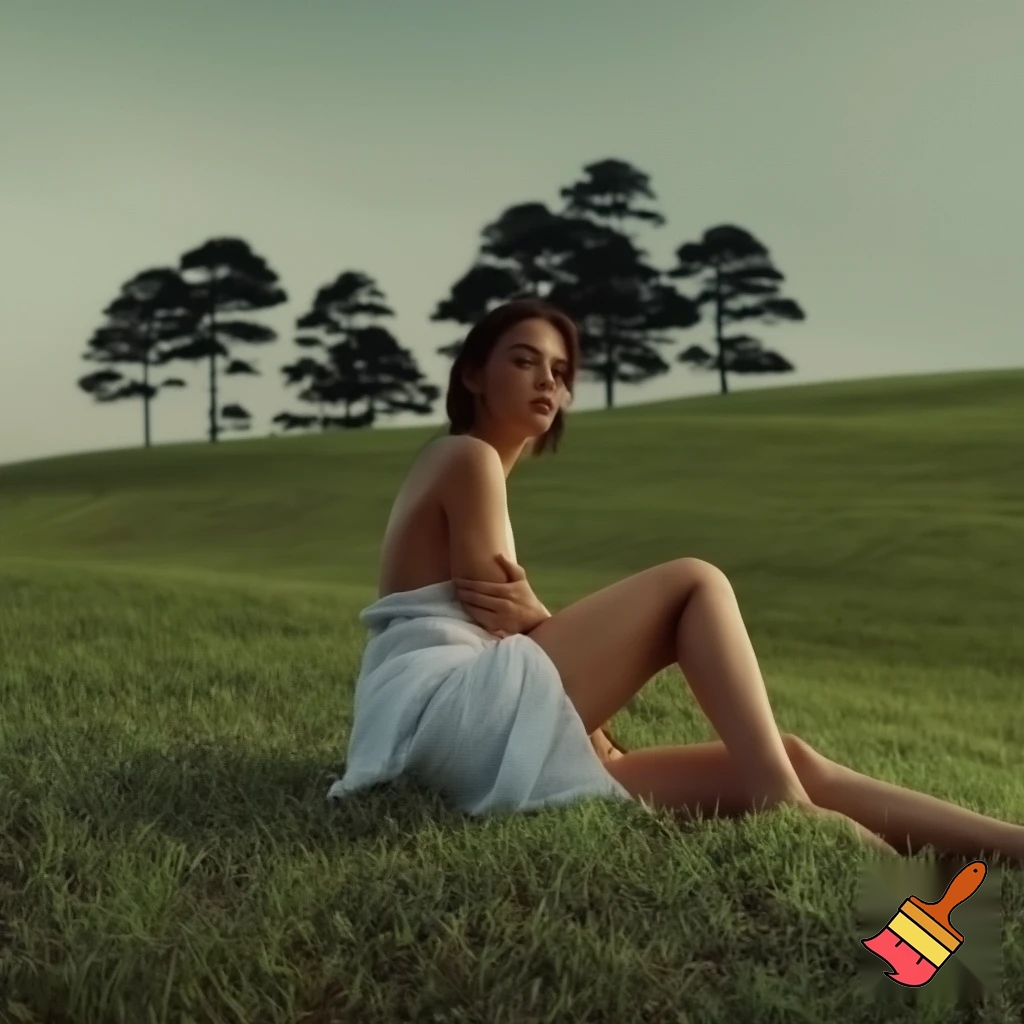 A hiperrealistic editorial image for an adult fiction novel cover modern women-nerd without clothes in hat view below all bodie .A solitary figure stands on a vast, rolling grassy hillside with Augusta National Pine trees in the background. The person is dressed in light-white clothing, creating a subtle contrast