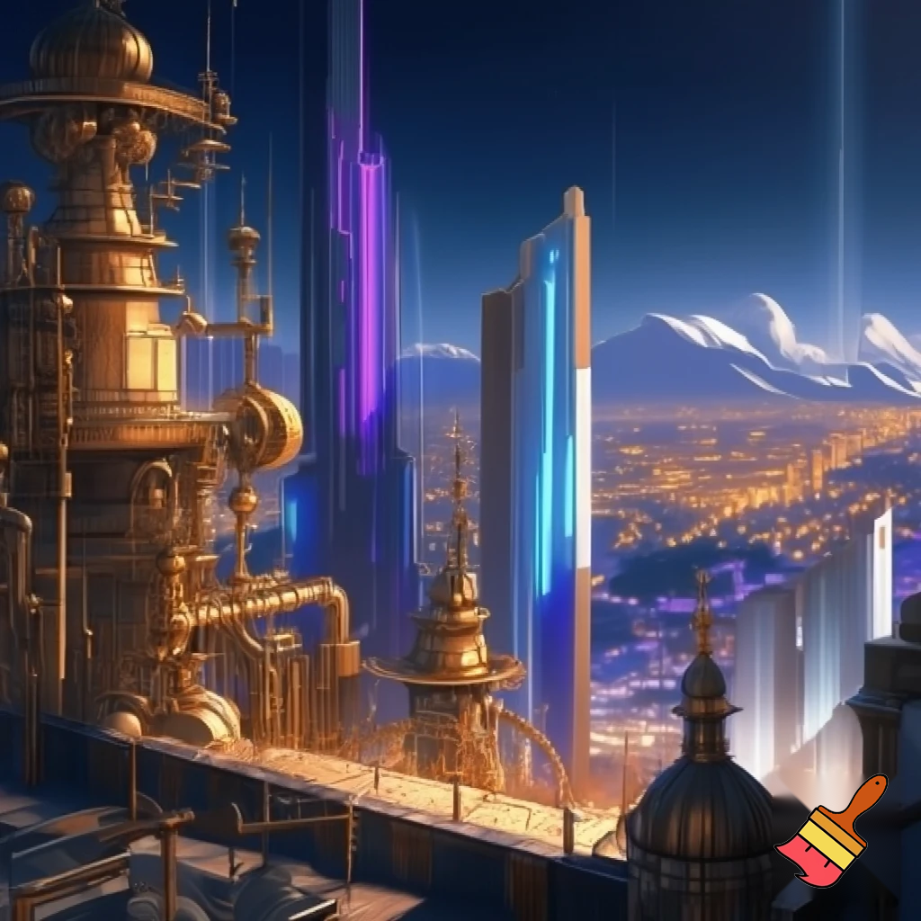 create a landscape background 



Style: anime teaser, a mix of cyberpunk, steampunk and ethno motifs (PUNKVERSE)



Palette: deep cool neon blues/purples + warm brass-copper range for steampunk elements + white-snow accents in the background.



Description: Almaty at night, view from the roof (transition from Scene 7), but now without characters. An empty landscape.



Action: Focus on the city.



Visual: A scene on the roof / generalized observation deck of the city.