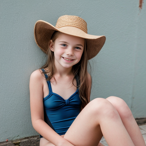 Una ragazza di 11 anni bella con capelli a caschetto lisci di color castano lunghi fino al collo, indossa un costume da bagno di colore azzurro. La ragazza è seduta a terra, ed è appoggiata con la schiena su un muro con le ginocchia piegate e le braccia appoggiate sulle gambe. La ragazza guarda la telecamera con sguardo sereno e felice. Telecamera vista frontale. Immagine di alta qualità. Risoluzione 4K.

