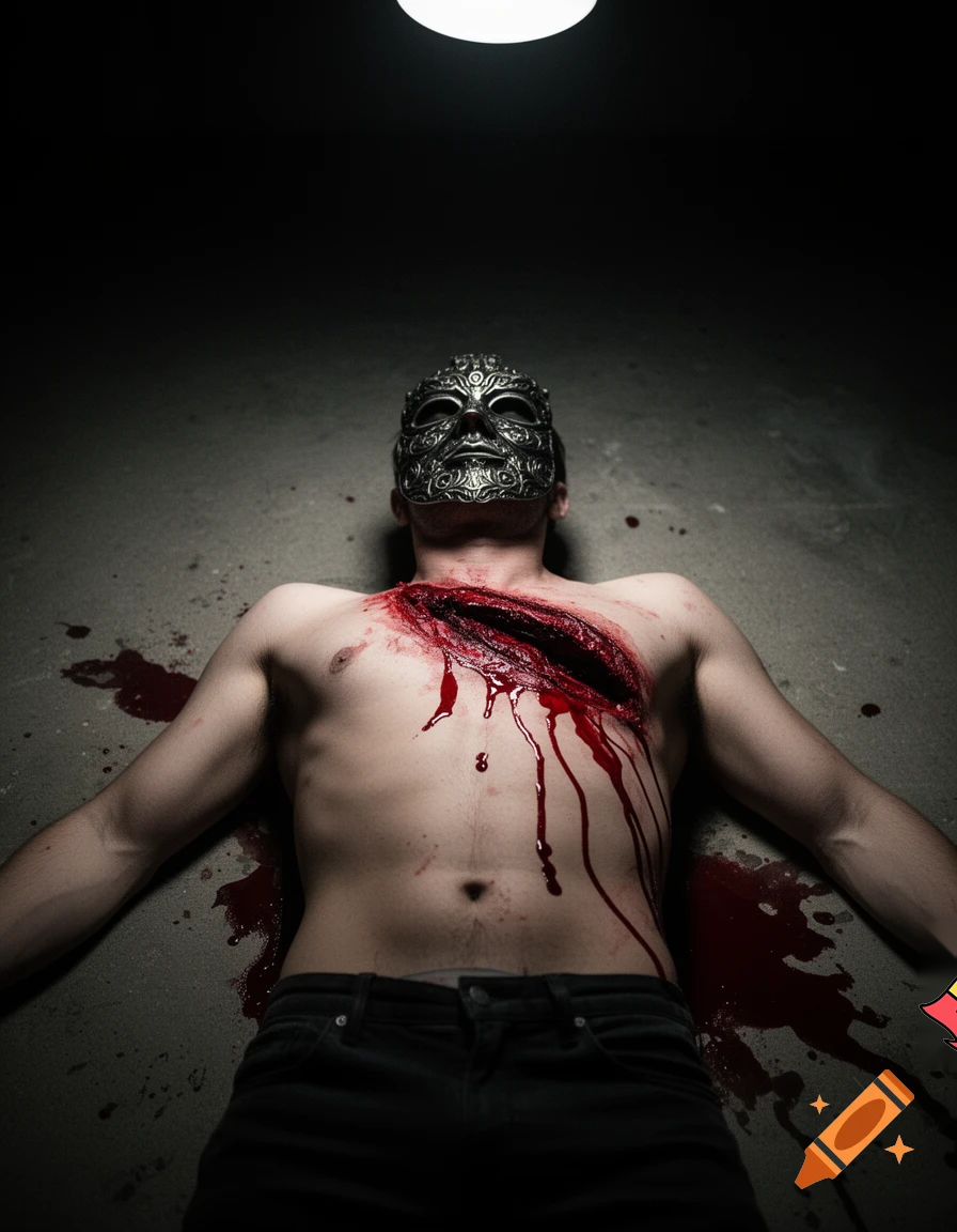 A shirtless man, face are wearing mask, died, chest open wounded, blood everywhere.