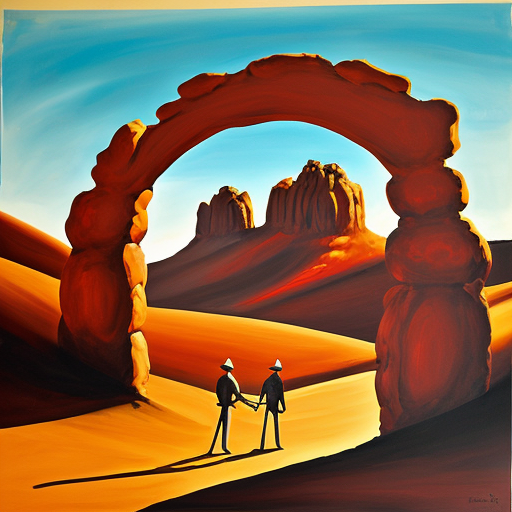 Paint and desert arch with multiple abstract figures in Tanguy style