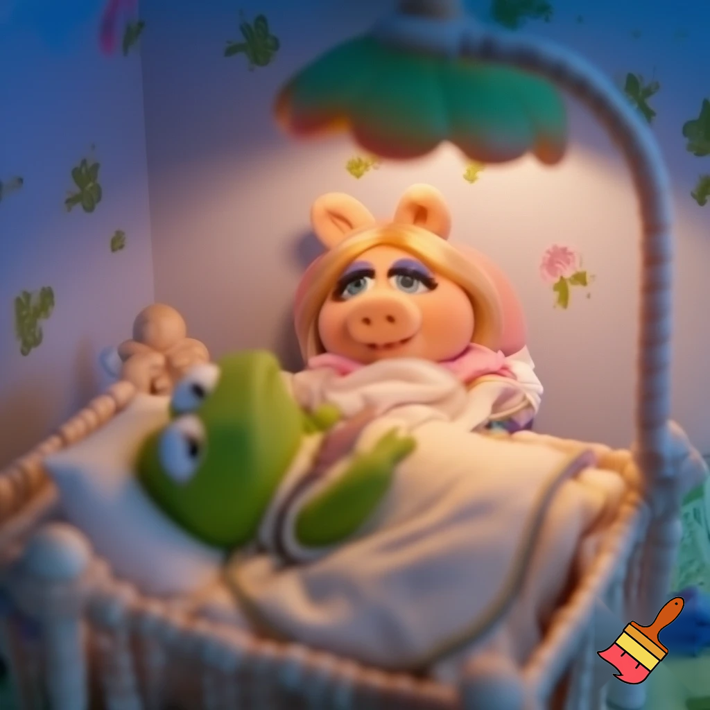 Miss piggy coming into her little baby frog Kermit’s bedroom and nursery and finding him fast asleep in his beautiful cot