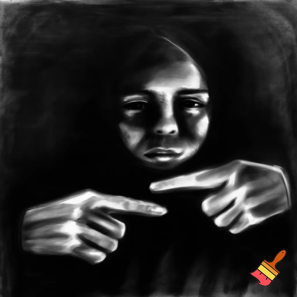a figure in the middle of a dark room with hands pointing at it (all charcoal) 