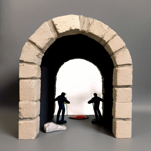 Paint the stones of an arch with multiple abstract figures in Tanguy  style