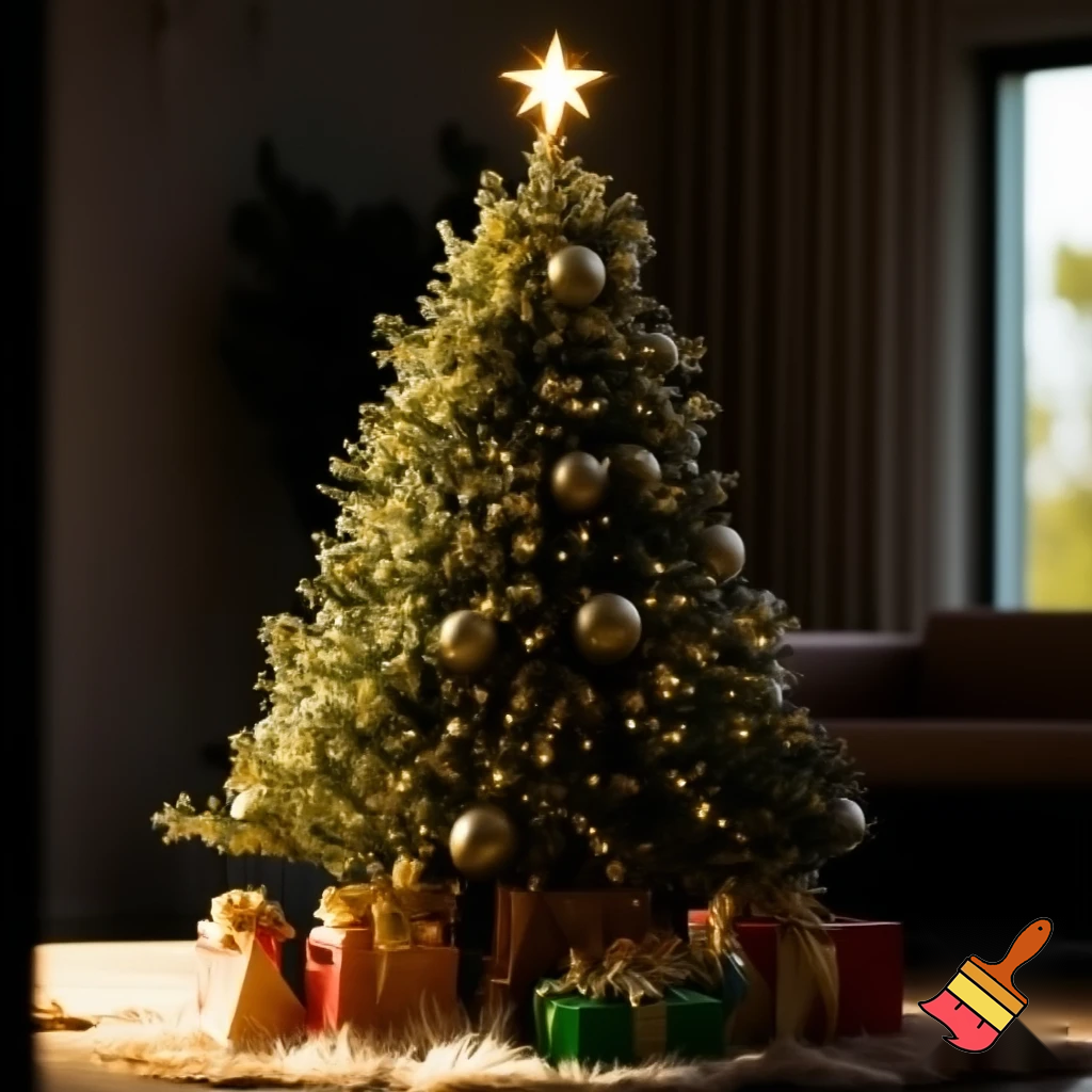Christmas tree with  a star and present all around