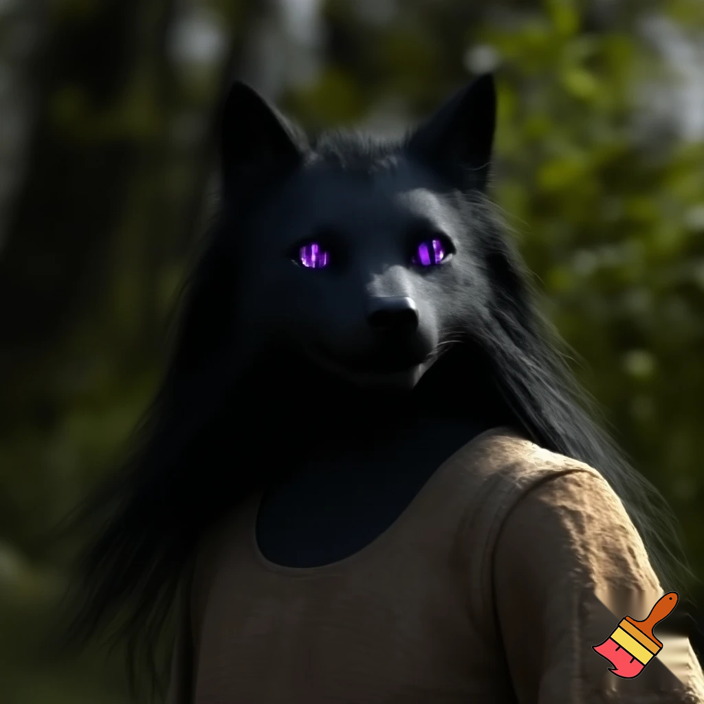 Anthro female black wolf with long pretty black hair and purple eyes, wearing a brown medieval shirt