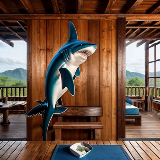 Make a shark with blue jordans in a big wood cabin called "The Tung tung Inn"