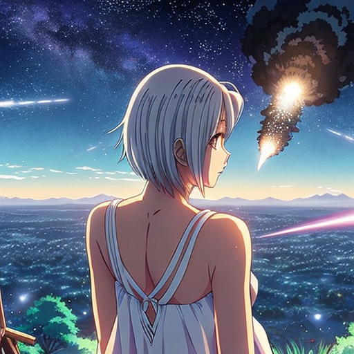 white-haired woman watches as meteorites fall on her castle