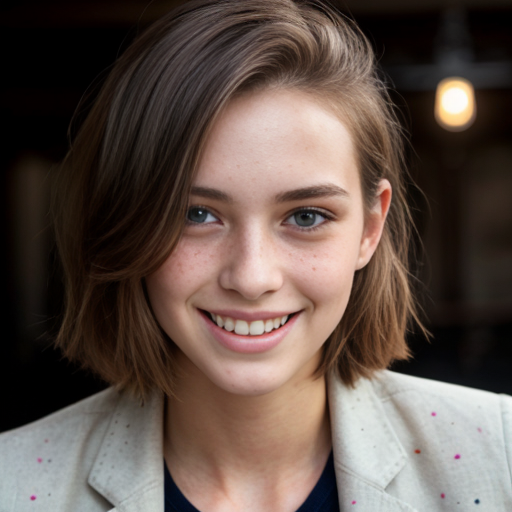 A young, light-skinned woman is positioned in the center of the frame, smiling broadly with her head tilted slightly. She appears to be in her early twenties. Her short, choppy hair is dark ginger color. She's wearing a light olive blazer over a white t-shirt. The woman has a slender build.
er skin is heavily speckled with numerous, small freckles, a prominent feature that covers her face, including the forehead, cheeks, nose, and chin.   The environment has a casual, bright feel. The perspective is at eye-level. The composition is well-balanced, emphasizing the subject's cheerful expression. The lighting is soft, highlighting the colors of her clothing and hair. The style is contemporary and youthful.